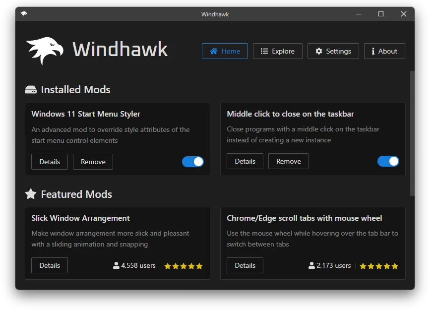 Скриншот Windhawk 1